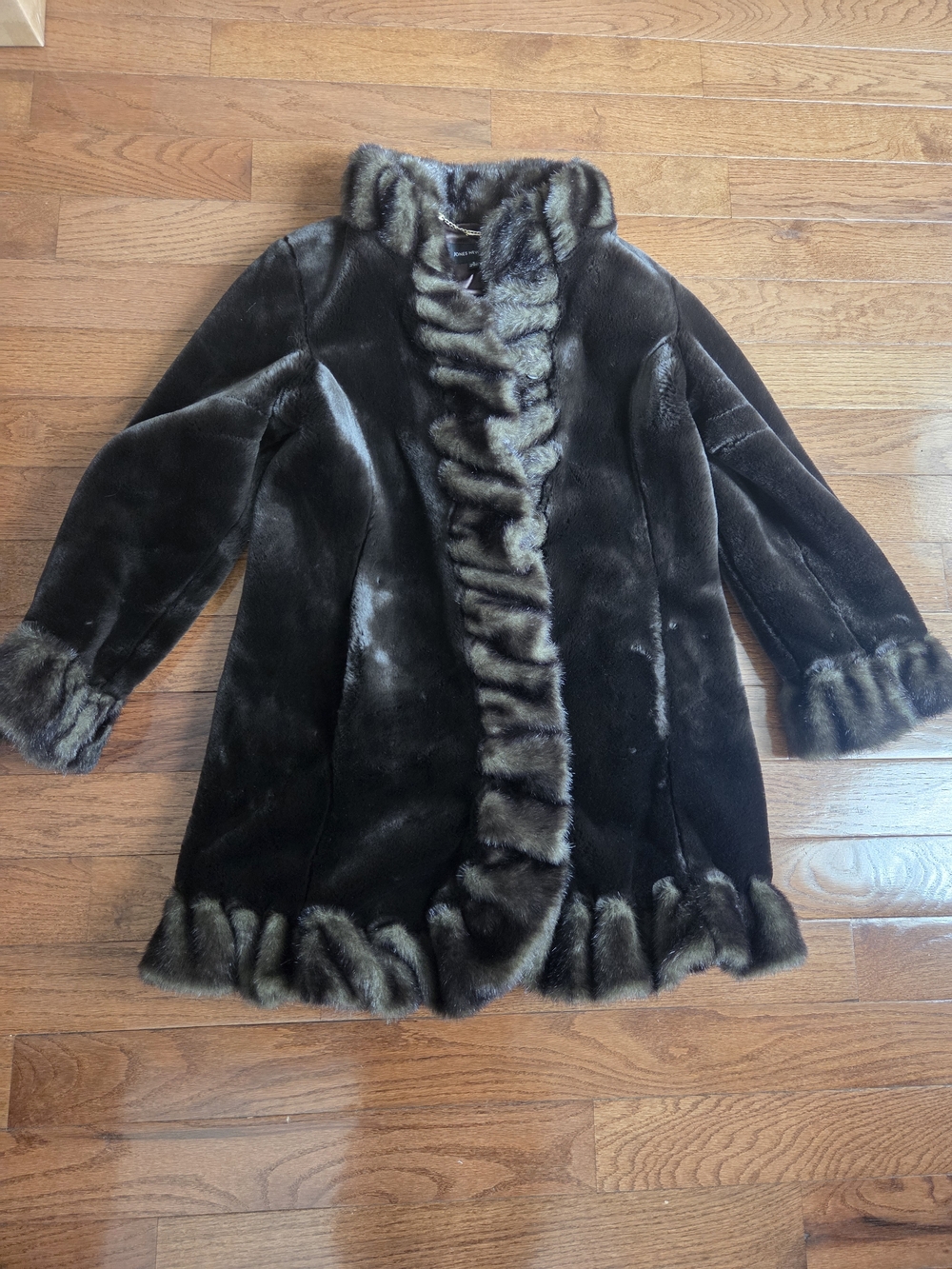 Jones New York Brown Faux Fur Coat with Dark Trim